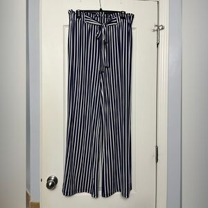 Navy and White Striped Women's Wide Leg Pants